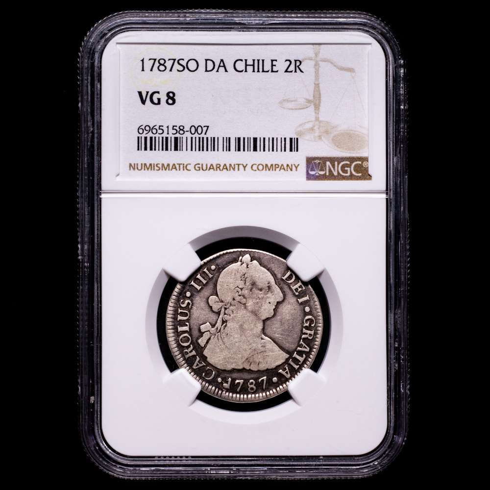 コレクション Carlos III. Reales 1787 Carlos III 2 Reales 1787 D.A. KM-30 Encapsulado por NGC VG-8