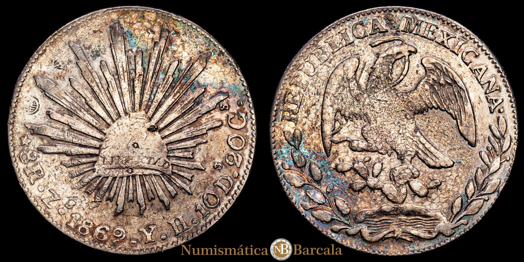 República de México 8 Reales (26,92 gramosg) 1869 Zacatecas Y·H KM